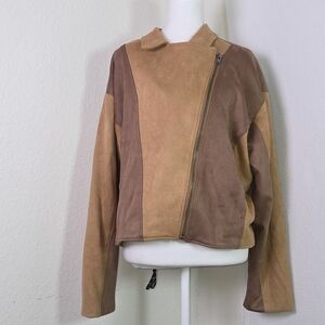 Promesa Faux Suede Colorblock Moto Jacket Women’s Lg Brown Tan Asymmetrical Zip